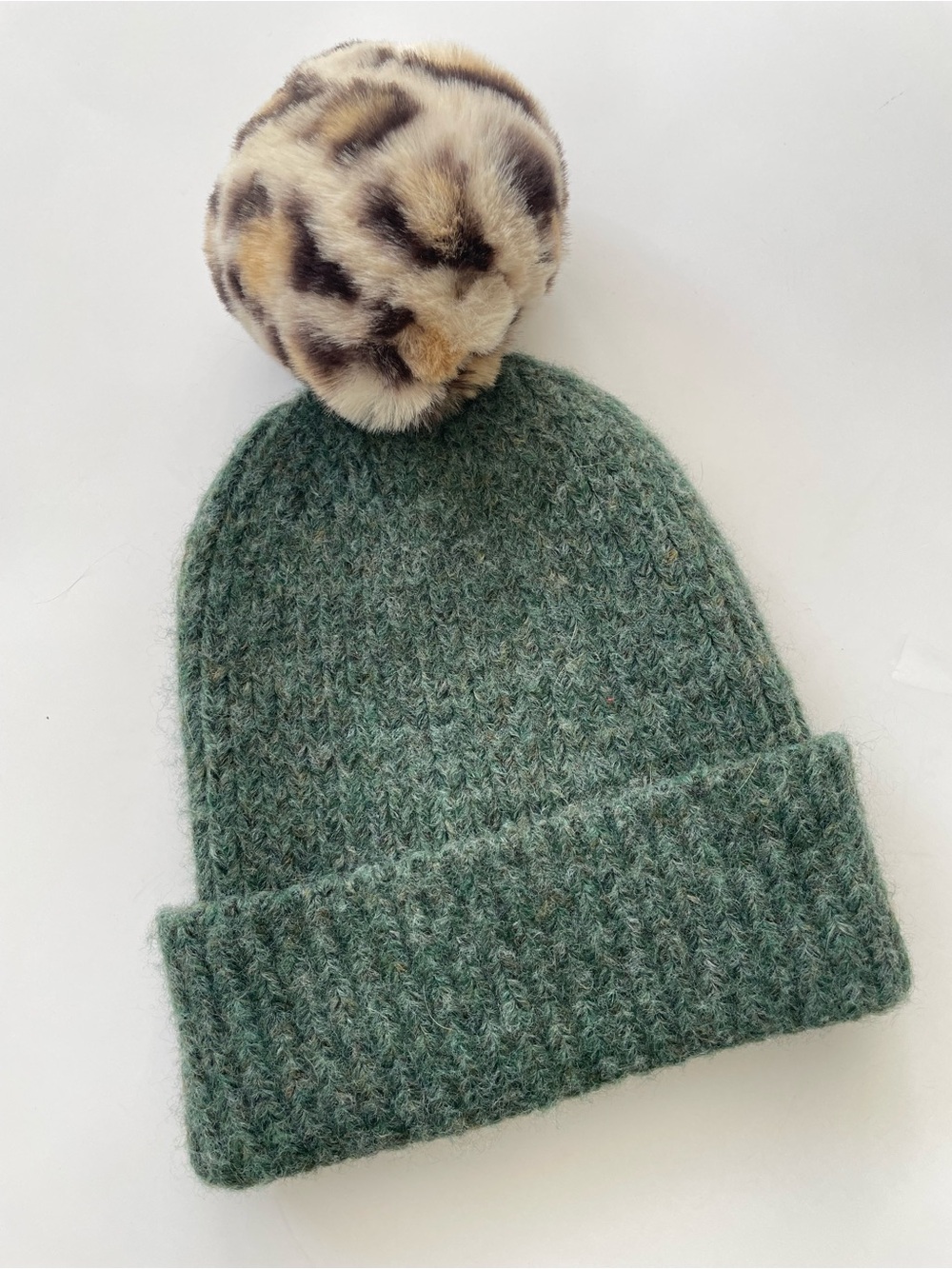 Anthropologie Beanie Hat Ribbed Knit Green Faux Leopard Pom Pom Winter Toque - Picture 2 of 12